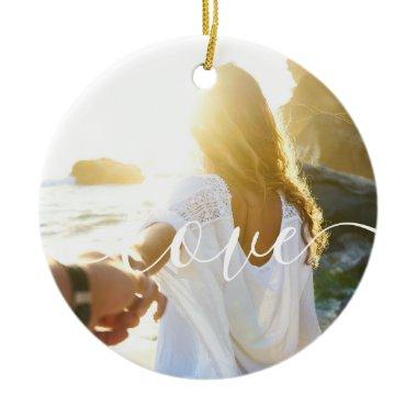 Personalized 2 Photos and Script Text Love Ceramic Ornament