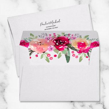 Personalized 5 x 7 Watercolor Pink Garden Flowers Envelope