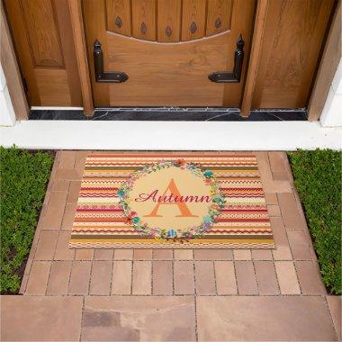 Personalized Autumn Colors, Stripes Floral Wreath Doormat