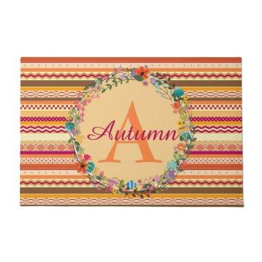 Personalized Autumn Colors, Stripes Floral Wreath Doormat