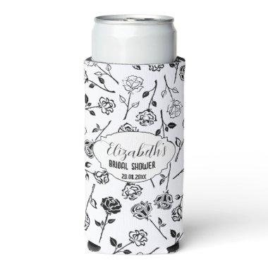 Personalized Black and White Floral Bridal Showe Seltzer Can Cooler
