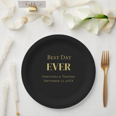 Personalized Black Gold Best Day Ever Wedding Paper Plates