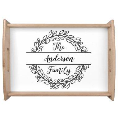 Personalized Black White Wreath of Leaves Serving Tray