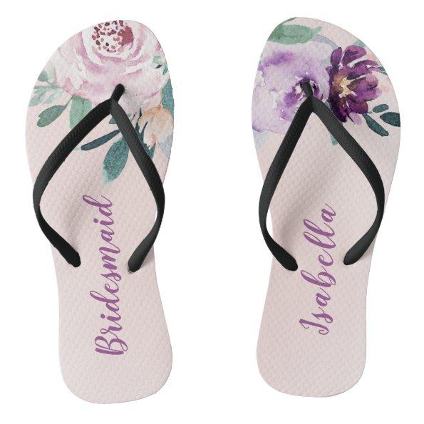 Personalized Blooming botanical purple bridesmaid Flip Flops