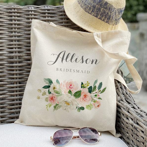 Personalized blush watercolor floral bridesmaid tote bag