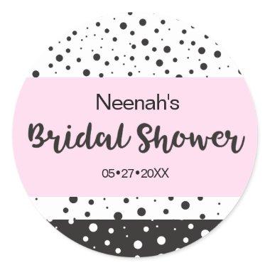 Personalized Bridal Shower pink black confetti dot Classic Round Sticker
