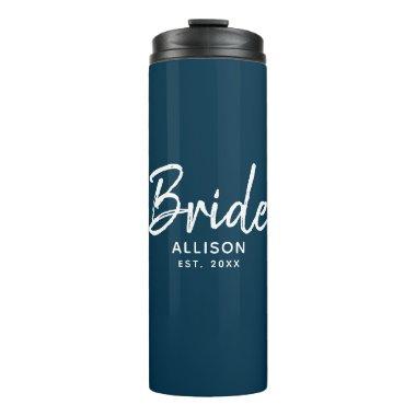 Personalized Bride Navy Blue White Script Wedding Thermal Tumbler