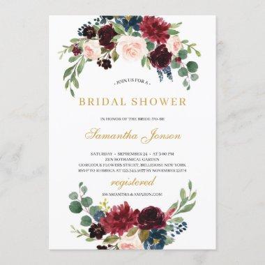 Personalized burgundy floral bouquet bridal shower Invitations