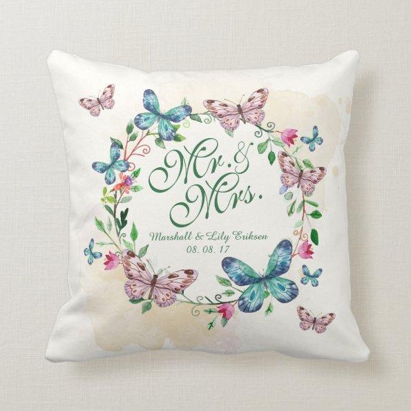 Personalized Butterfly Wreath Wedding Throw Pillow