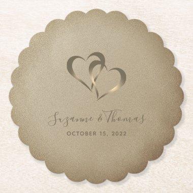Personalized Connected Hearts Gold Paper Coaster