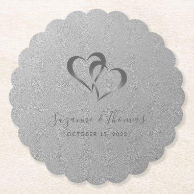 Personalized Connected Hearts Silver Grey Paper Coaster
