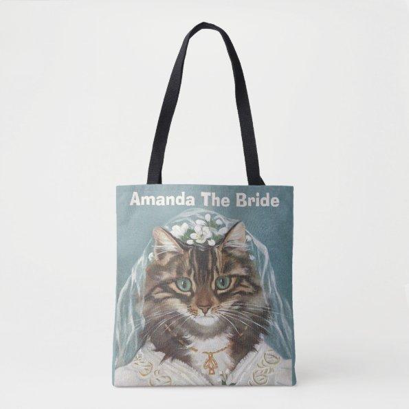Personalized cute cat bride tote bag