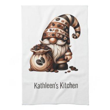 Personalized Cute Coffee Gnome Brown White Gift Kitchen Towel