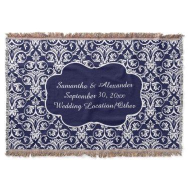 Personalized Damask Wedding/Keepsake Navy Blue Throw Blanket