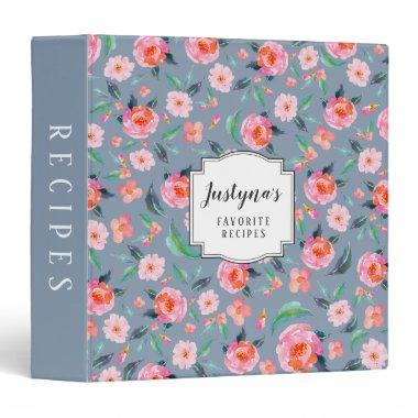 Personalized Dusty Blue Pink Floral Pattern Recipe 3 Ring Binder