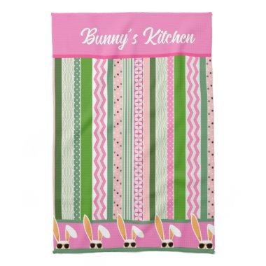 Personalized Easter Pink and Green White Rabbits Kitchen Towel