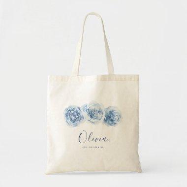 Personalized elegant blue floral bridesmaid tote bag