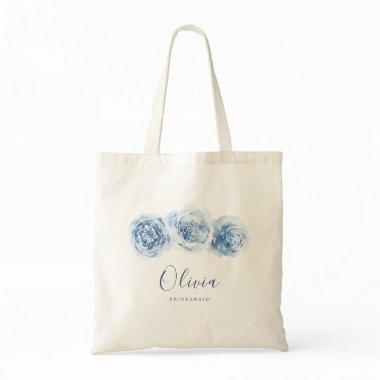 Personalized elegant blue floral bridesmaid tote bag