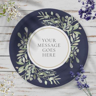 Personalized Elegant Navy Blue Gold Greenery Paper Plates