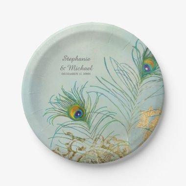 Personalized Elegant Peacock Feathers Gold Wedding Paper Plates