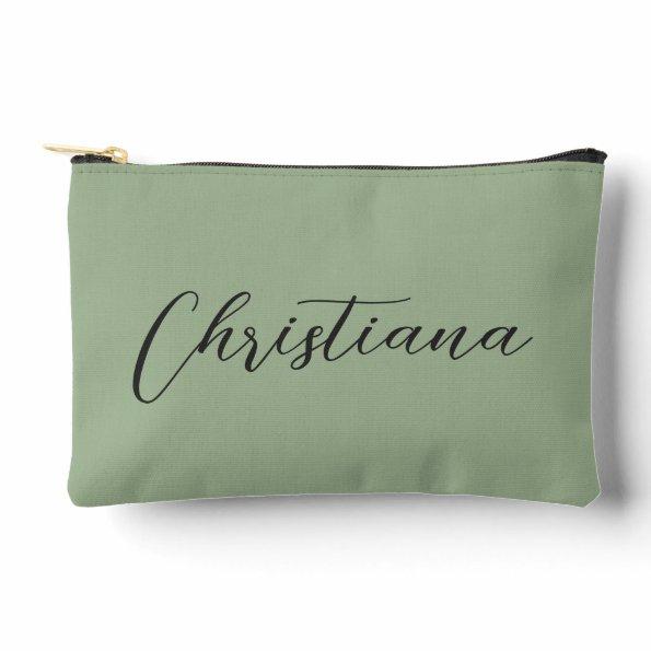 Personalized Elegant Script Typography Sage Green Accessory Pouch