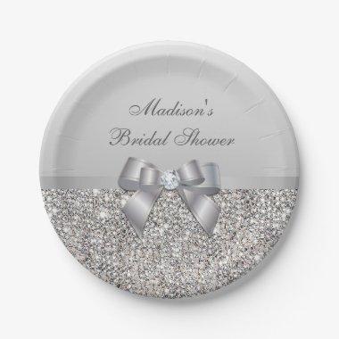 Personalized Faux Silver Sequins Bow  Paper Plates