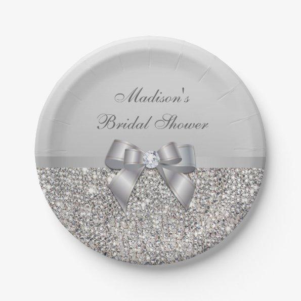 Personalized Faux Silver Sequins Bow Bridal Shower Paper Plates