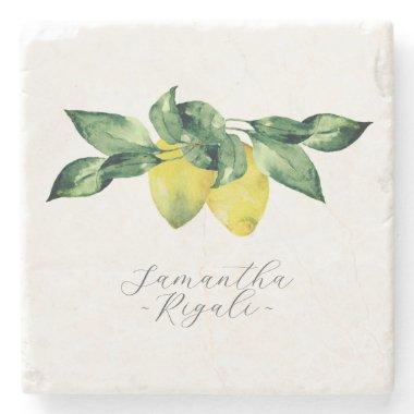 Personalized Favors Watercolor Lemon Botanical Stone Coaster