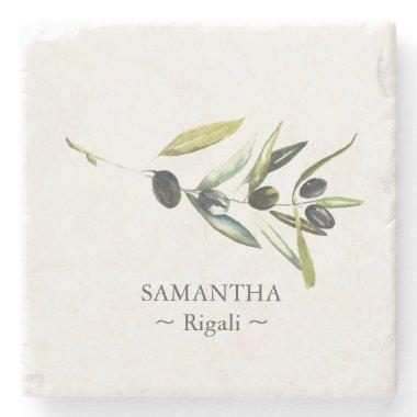 Personalized Favors Watercolor Olive Branch Stone Coaster