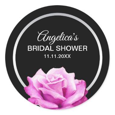 Personalized Floral Silver Pink Rose Bridal Shower Classic Round Sticker