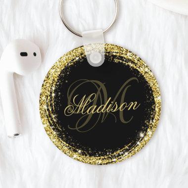 Personalized Gold Glitter Black Glam Keychain