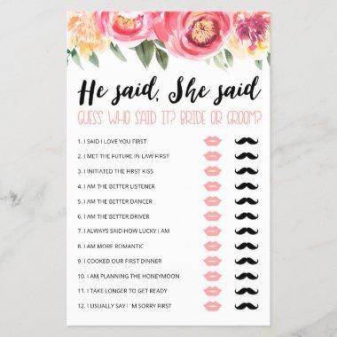 Personalized He said, She said Bridal Shower game
