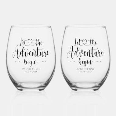 Personalized Let The Adventure Begin Wedding Stemless Wine Glass