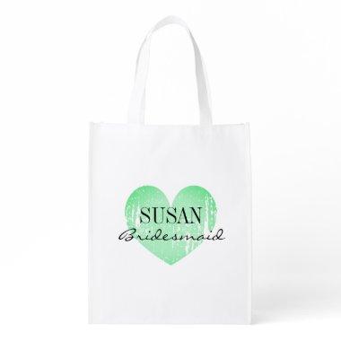 Personalized mint green heart bridesmaid wedding grocery bag