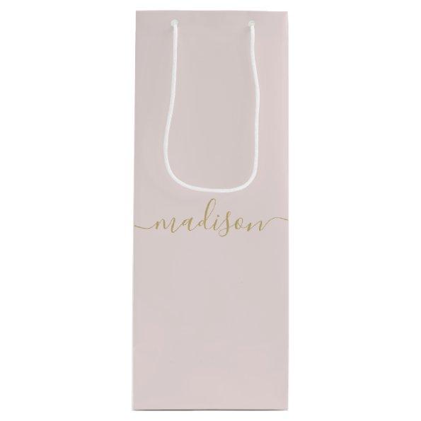 Personalized Modern Girly Gold Script Blush Pink Wine Gift Bag