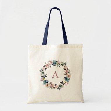 Personalized Monogram Letter Navy Floral Lady Girl Tote Bag