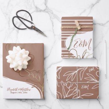 Personalized Monogram Mocha Brown Floral Wedding Wrapping Paper Sheets