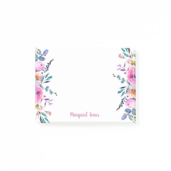 Personalized Monogram name Pink blue floral Post-it Notes