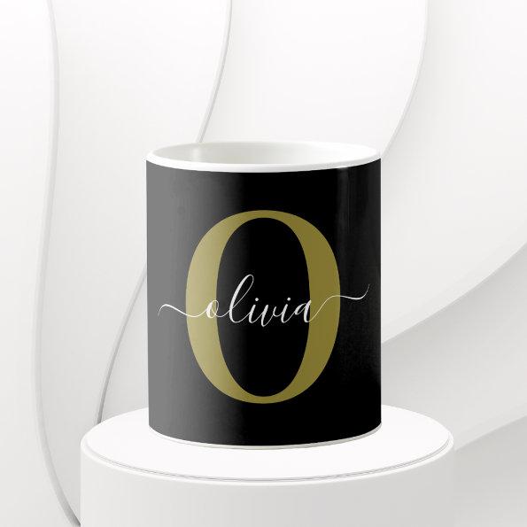 Personalized Monogram Script Name Black White Gold Coffee Mug