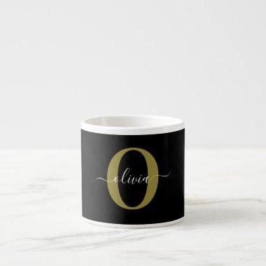 Personalized Monogram Script Name Black White Gold Espresso Cup