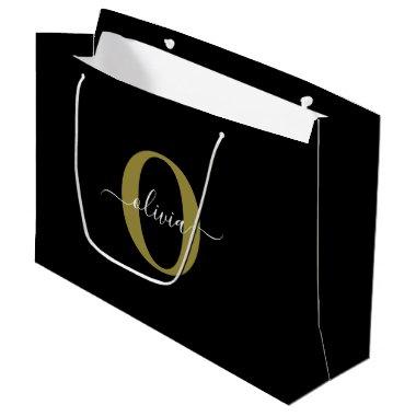 Personalized Monogram Script Name Black White Gold Large Gift Bag