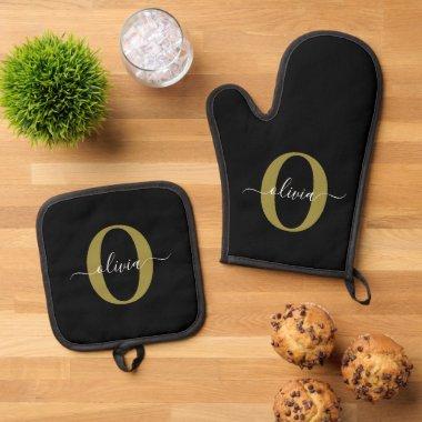 Personalized Monogram Script Name Black White Gold Oven Mitt & Pot Holder Set