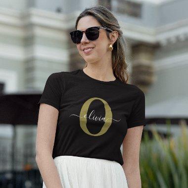 Personalized Monogram Script Name Black White Gold T-Shirt