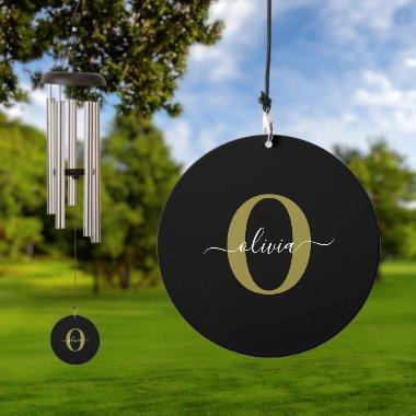 Personalized Monogram Script Name Black White Gold Wind Chime