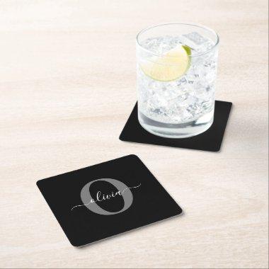Personalized Monogram Script Name Black White Grey Square Paper Coaster