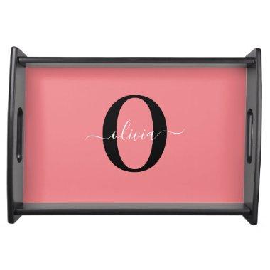 Personalized Monogram Script Name Black White Pink Serving Tray
