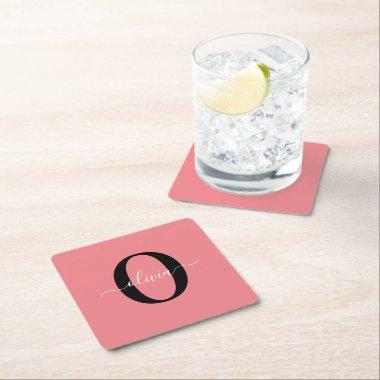 Personalized Monogram Script Name Black White Pink Square Paper Coaster