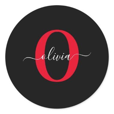 Personalized Monogram Script Name Black White Red Classic Round Sticker