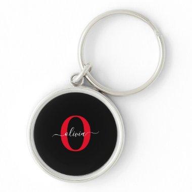 Personalized Monogram Script Name Black White Red Keychain