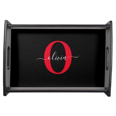 Personalized Monogram Script Name Black White Red Serving Tray